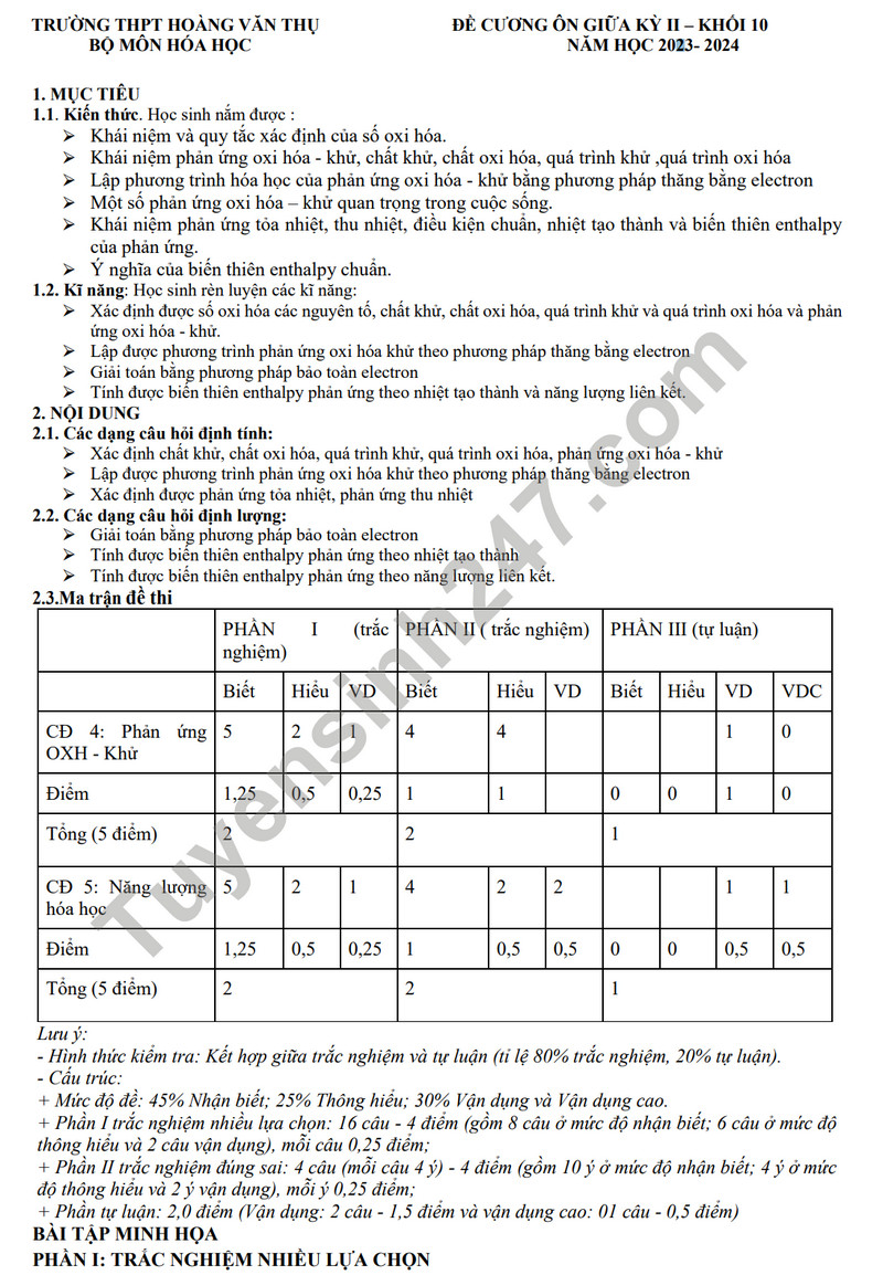 De cuong on tap giua ki 2 mon Hoa lop 10 - THPT Hoang Van Thu 2024