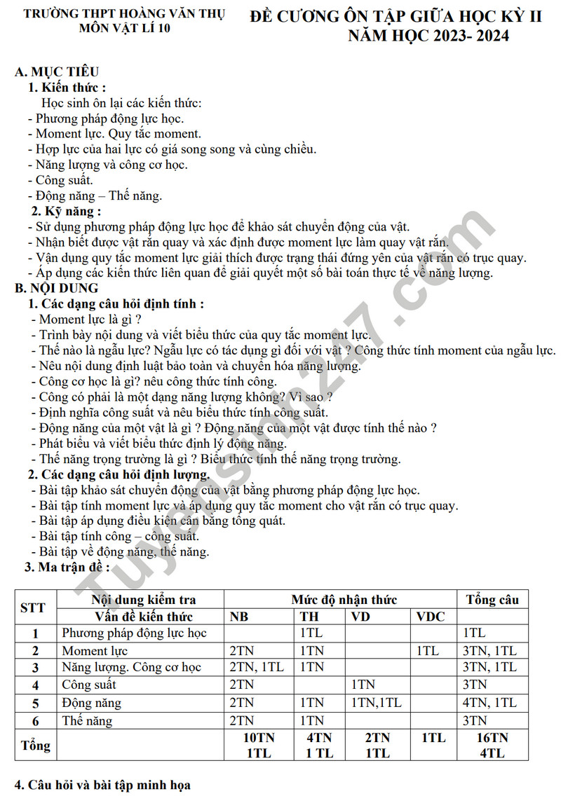 De cuong on tap giua ki 2 nam 2024 mon Li lop 10 - THPT Hoang Van Thu