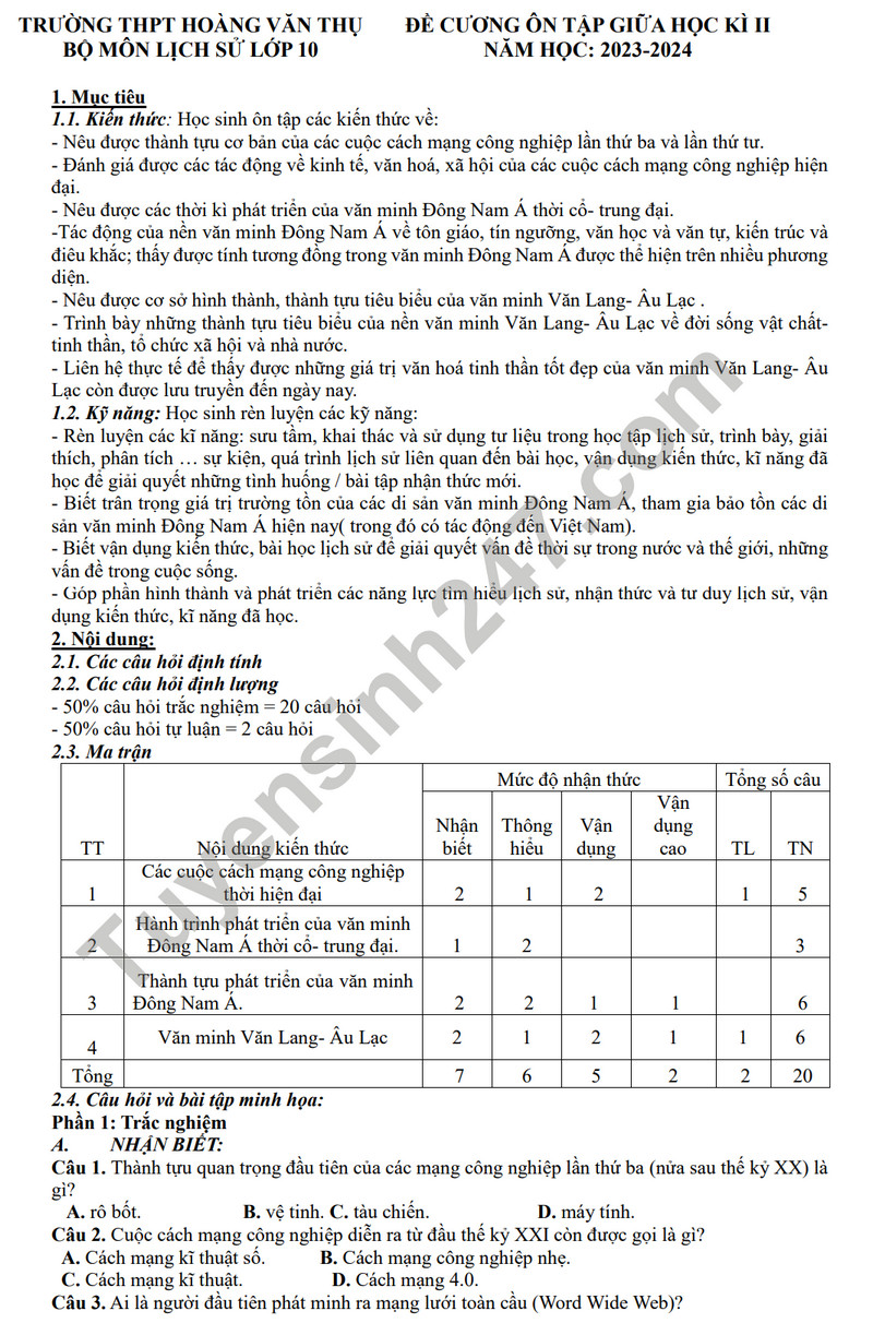 De cuong on tap giua ki 2 mon Su lop 10 nam 2024 - THPT Hoang Van Thu