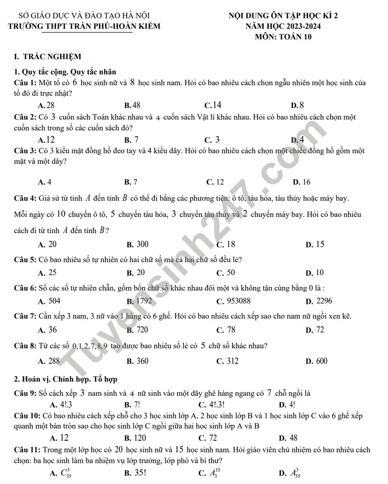 De cuong on tap ki 2 mon Toan lop 10 - THPT Tran Phu 2024