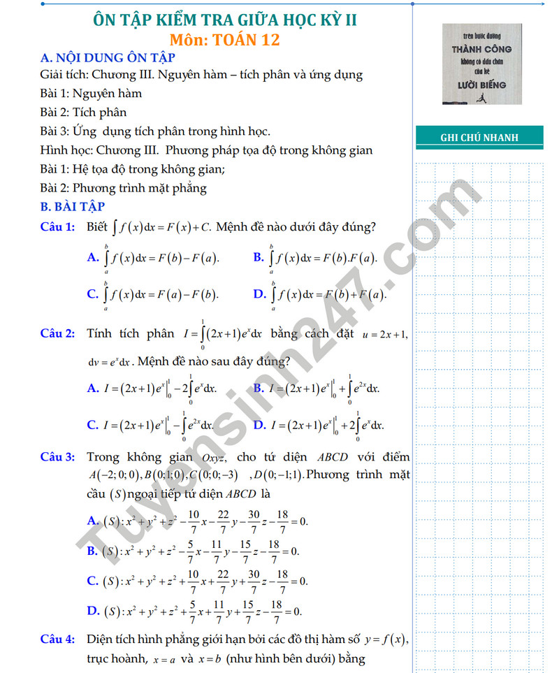 De cuong on tap giua ki 2 mon Toan lop 12 nam 2024 - THPT Chau Van Liem