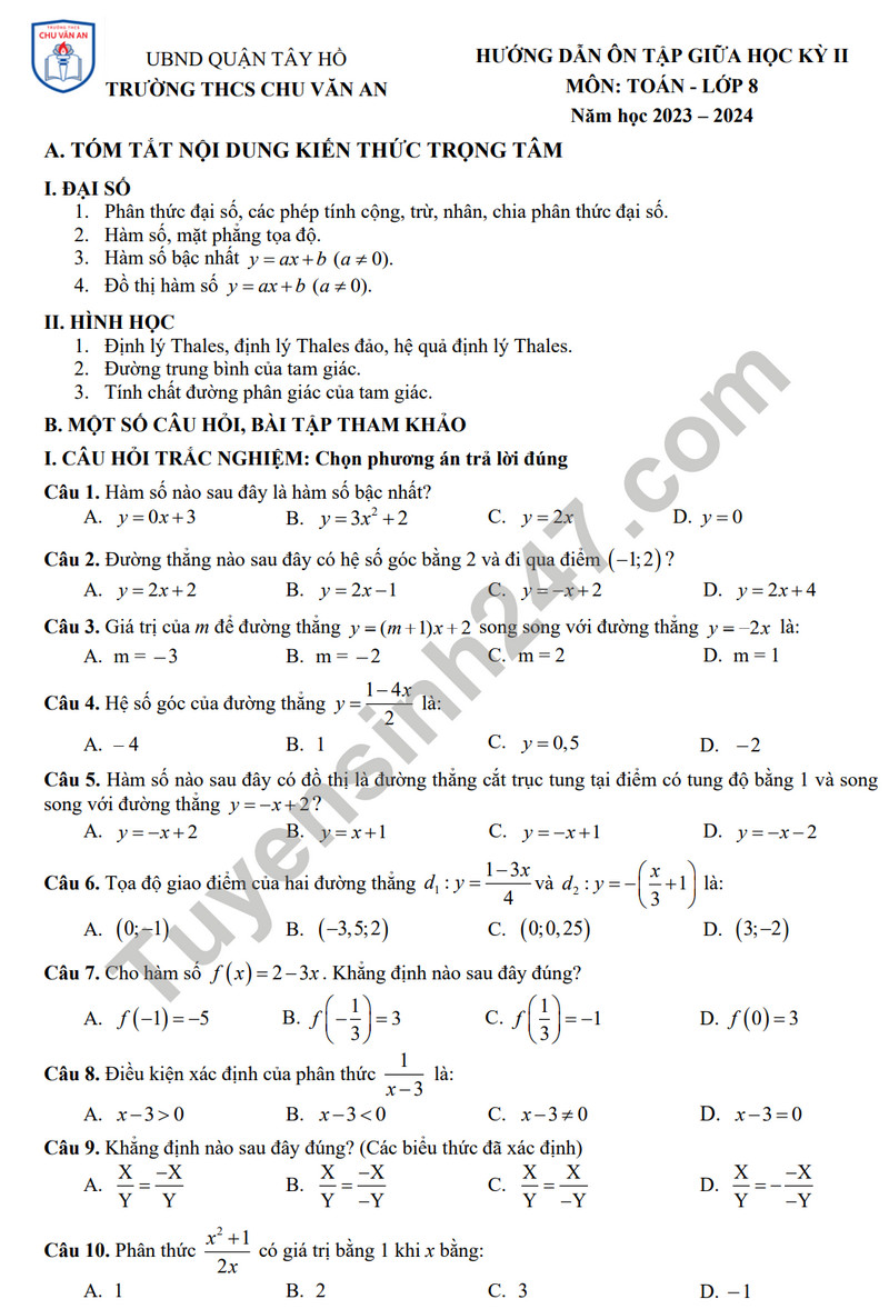 De cuong on tap giua ki 2 mon Toan lop 8 nam 2024 - THCS Chu Van An