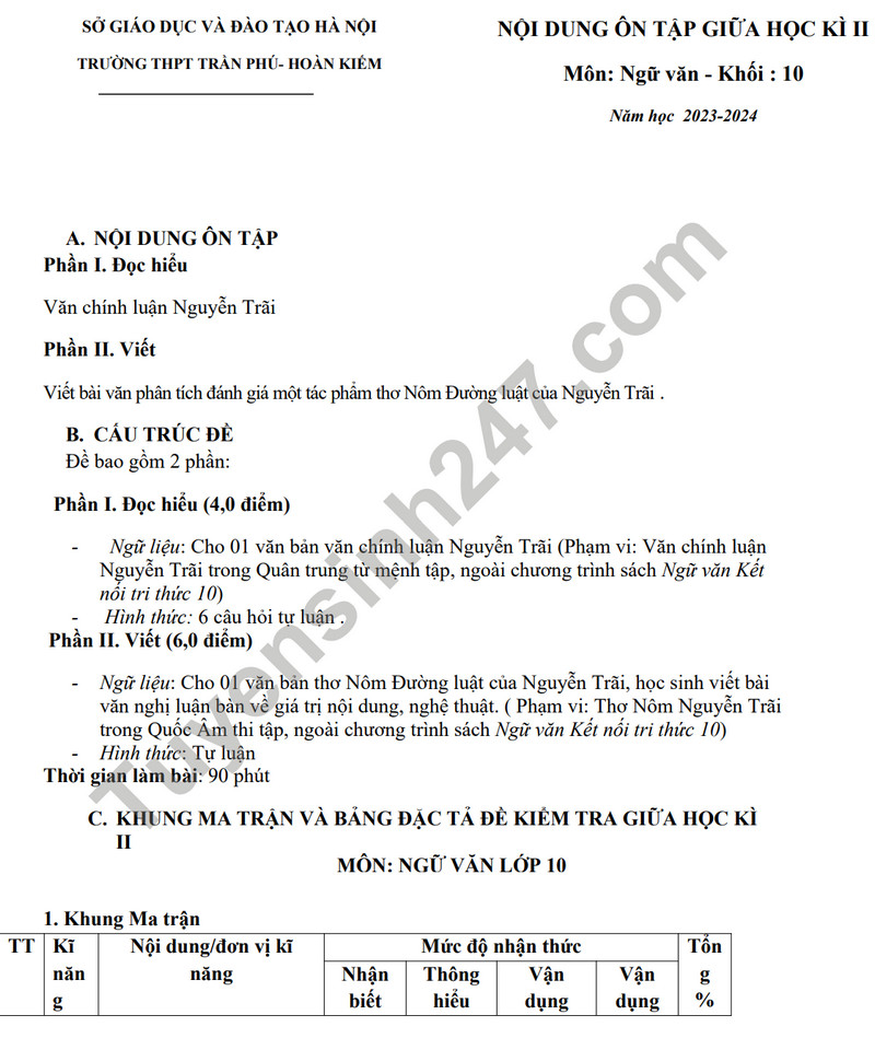 De cuong on tap giua ki 2 mon Van lop 10 nam 2024 - THPT Tran Phu
