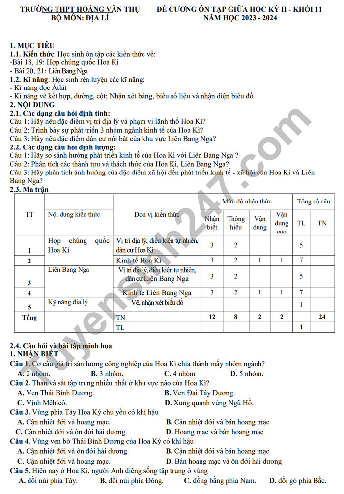 De cuong on tap giua ki 2 nam 2024 mon Dia lop 11 - THPT Hoang Van Thu