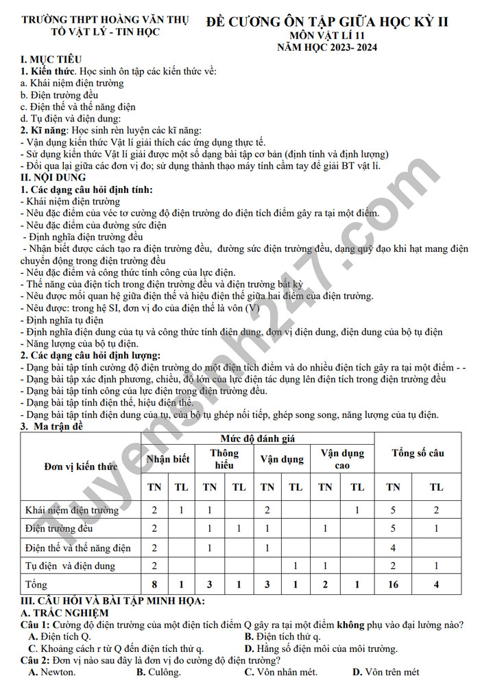 De cuong on tap giua ki 2 nam 2024 mon Li lop 11 - THPT Hoang Van Thu