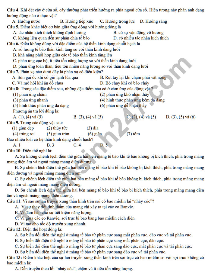 De cuong on tap giua ki 2 mon Sinh lop 11 nam 2024 - THPT Hoang Van Thu