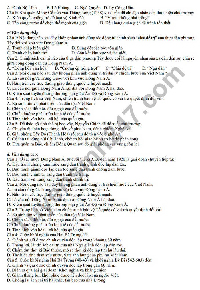 De cuong on tap giua ki 2 mon Su lop 11 - THPT Hoang Van Thu 2024