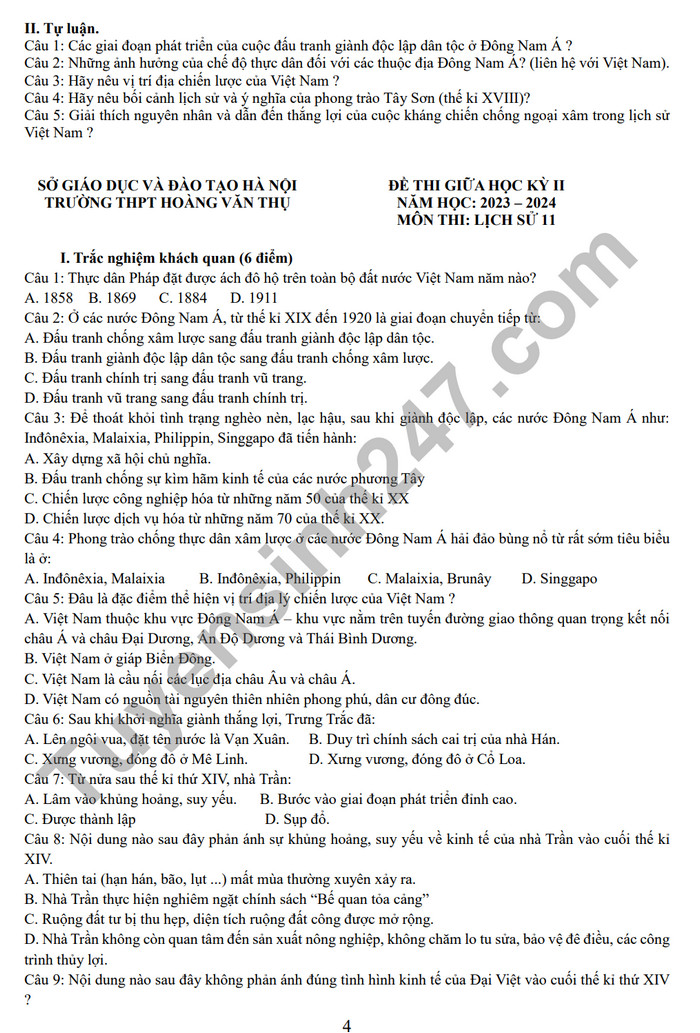 De cuong on tap giua ki 2 mon Su lop 11 - THPT Hoang Van Thu 2024