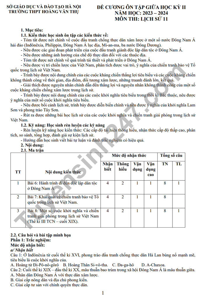 De cuong on tap giua ki 2 mon Su lop 11 - THPT Hoang Van Thu 2024