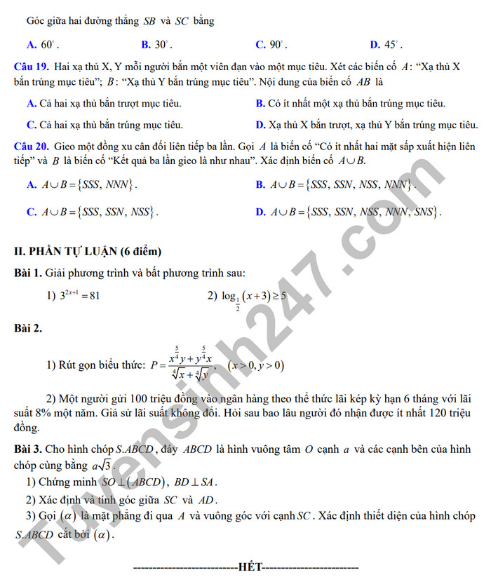 De cuong on tap ki 2 mon Toan lop 11 - THPT Hoang Van Thu 2024