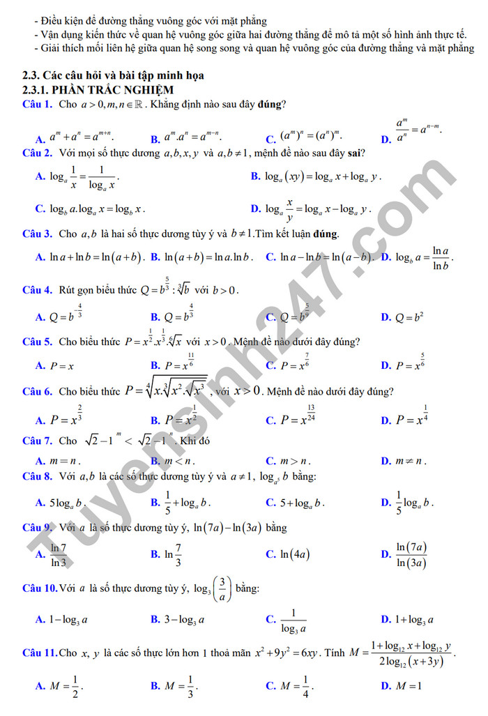 De cuong on tap ki 2 mon Toan lop 11 - THPT Hoang Van Thu 2024