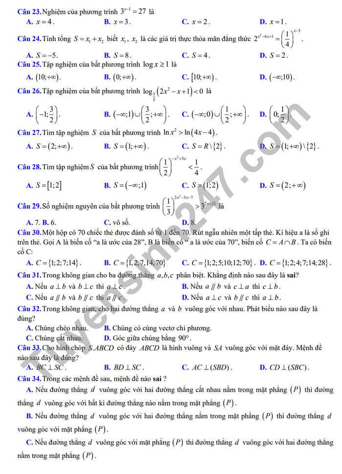 De cuong on tap ki 2 mon Toan lop 11 - THPT Hoang Van Thu 2024