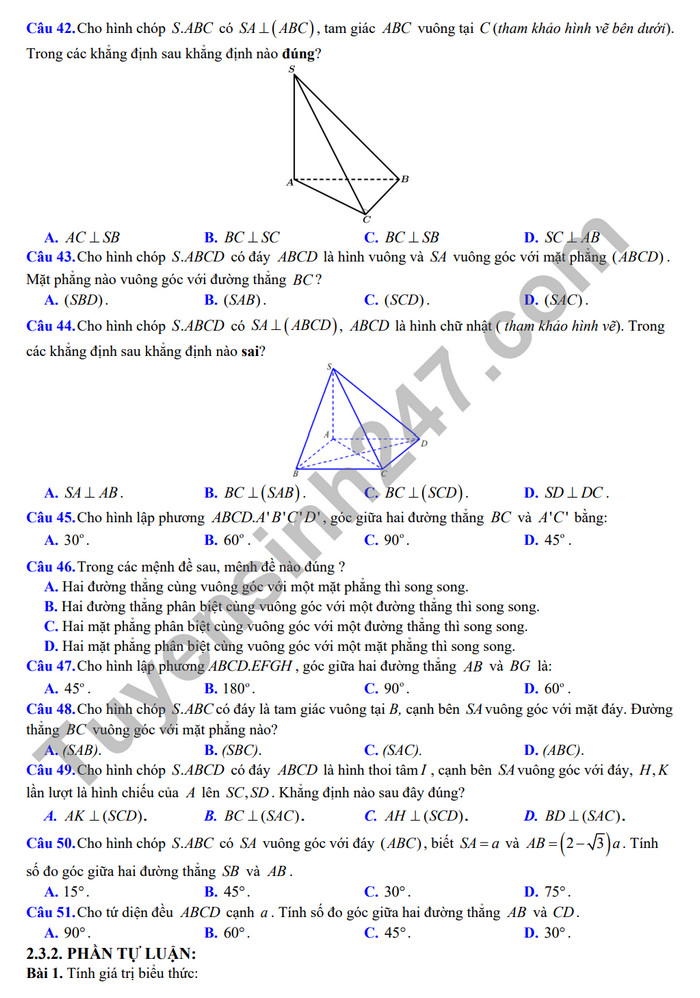 De cuong on tap ki 2 mon Toan lop 11 - THPT Hoang Van Thu 2024