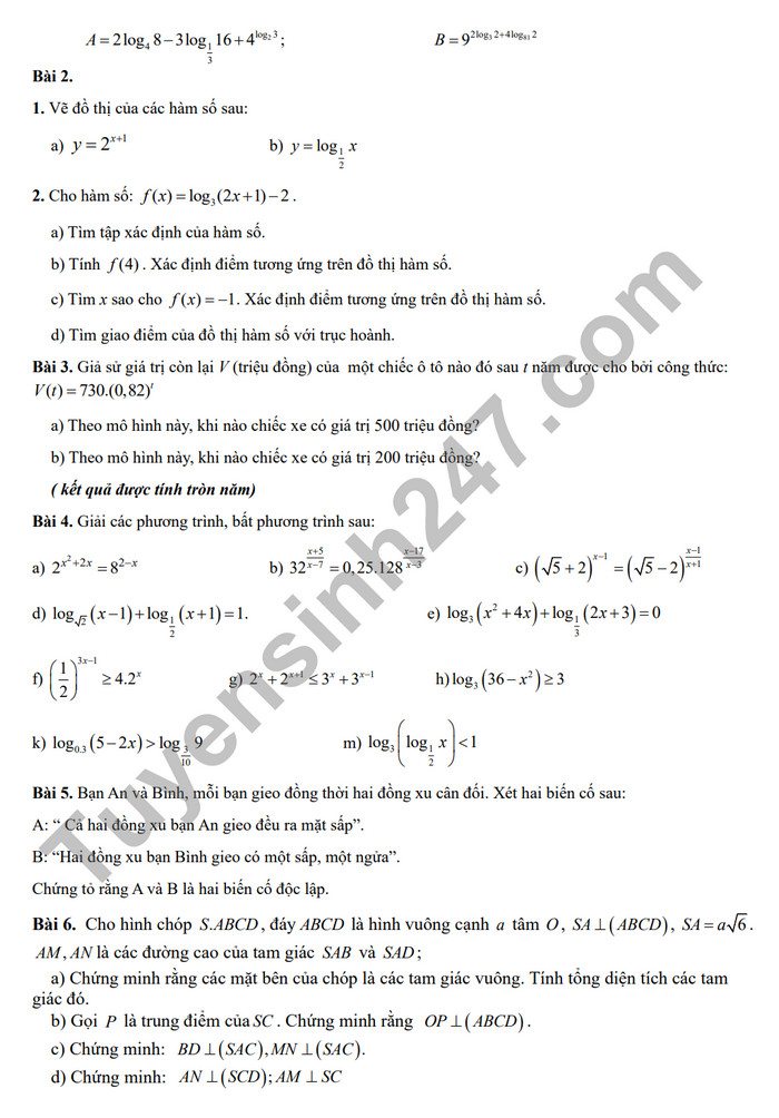 De cuong on tap ki 2 mon Toan lop 11 - THPT Hoang Van Thu 2024