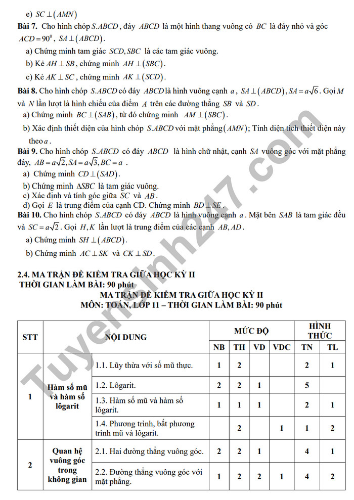 De cuong on tap ki 2 mon Toan lop 11 - THPT Hoang Van Thu 2024