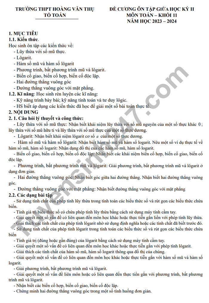 De cuong on tap ki 2 mon Toan lop 11 - THPT Hoang Van Thu 2024