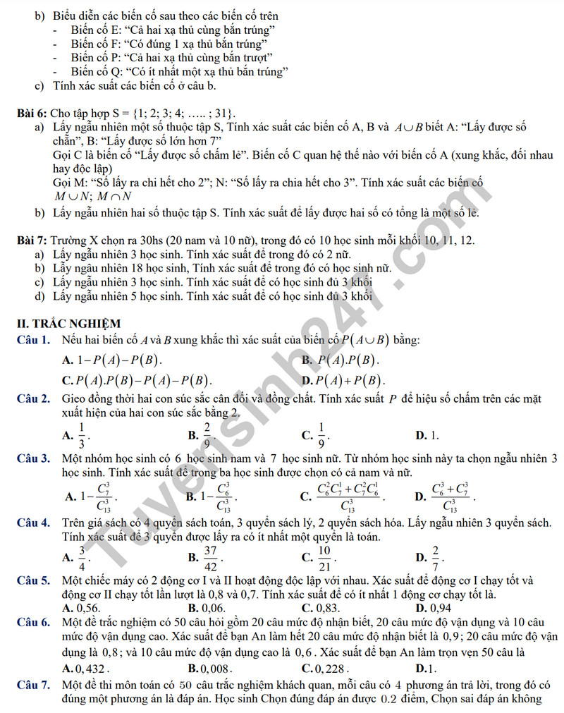 De cuong on tap giua ki 2 mon Toan lop 11 - THPT Tran Phu 2024