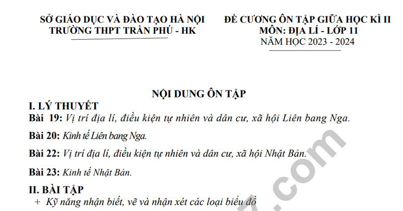 De cuong on tap giua ki 2 mon Dia lop 11 nam 2024 - THPT Tran Phu