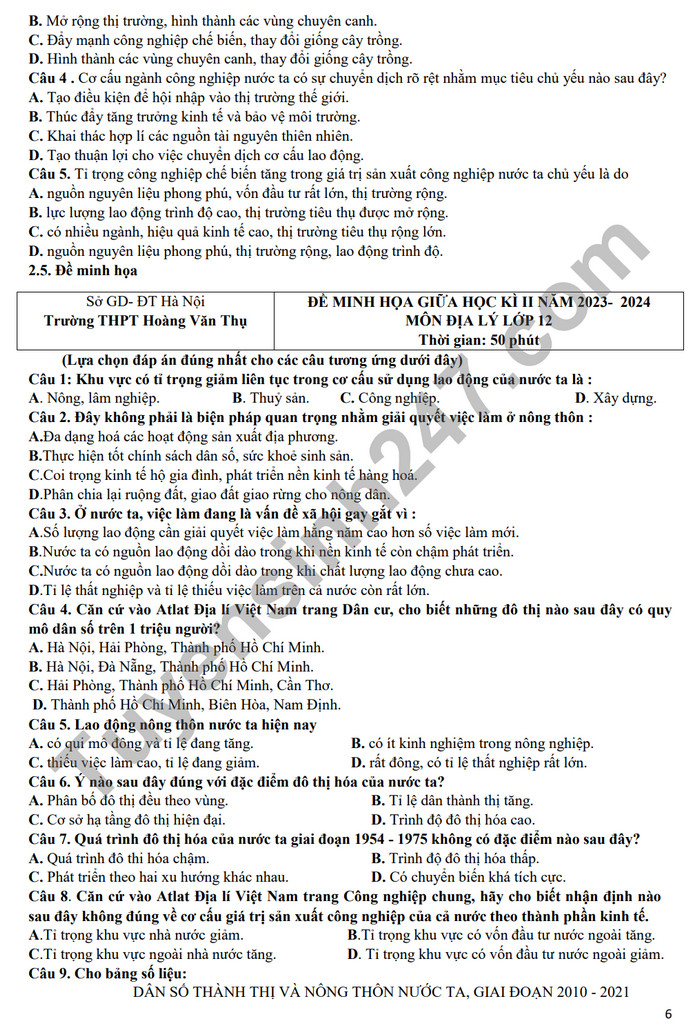 De cuong on tap giua ki 2 nam 2024 mon Dia lop 12 - THPT Hoang Van Thu