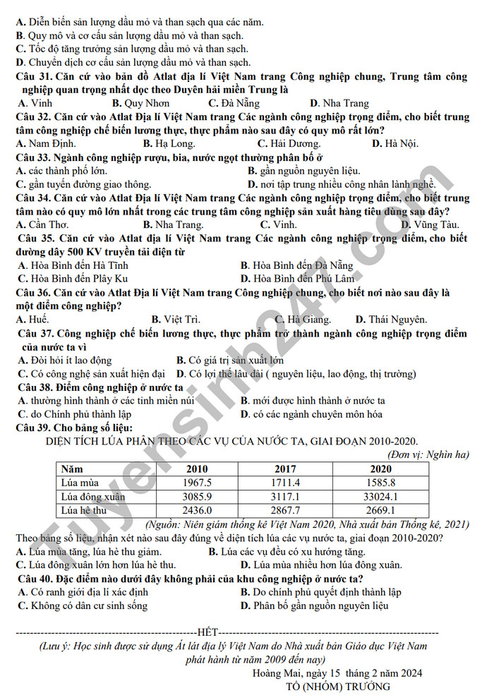 De cuong on tap giua ki 2 nam 2024 mon Dia lop 12 - THPT Hoang Van Thu