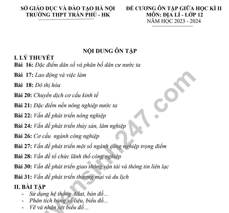 De cuong on tap giua ki 2 mon Dia lop 12 - THPT Tran Phu 2024