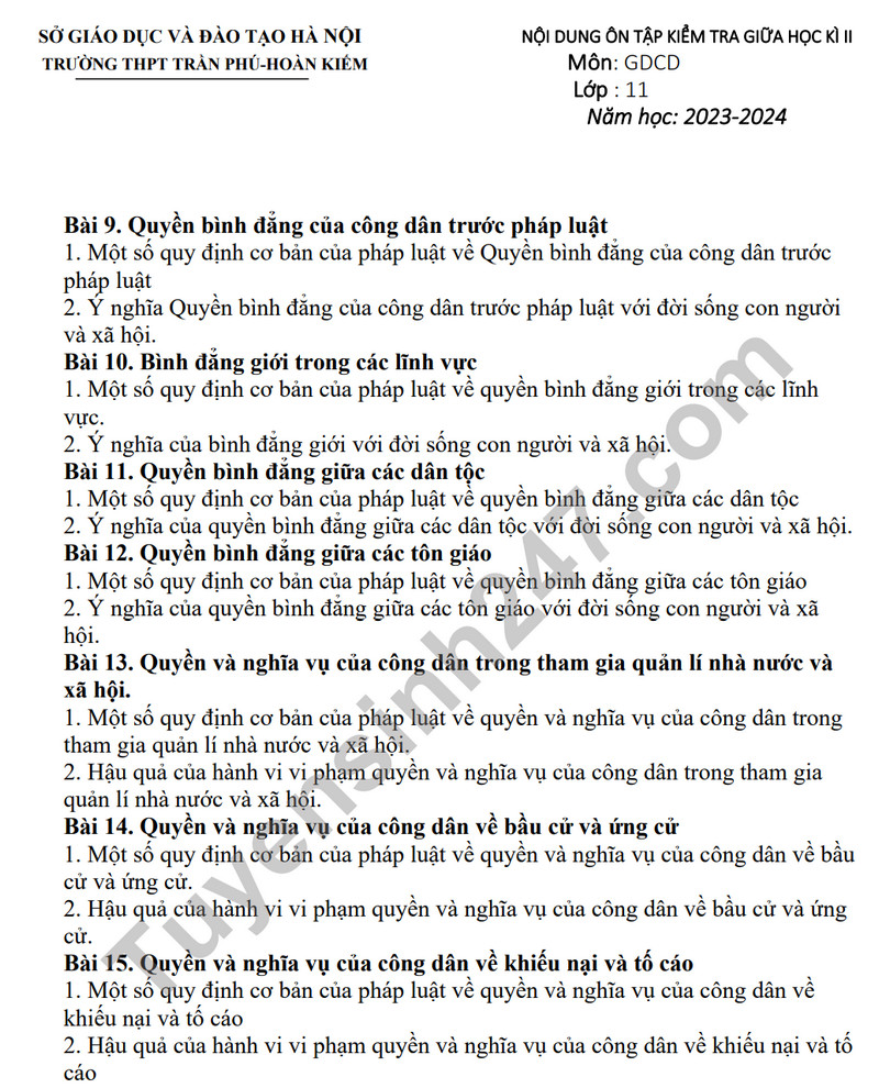 De cuong on tap giua ki 2 mon GDCD lop 11 - THPT Tran Phu 2024