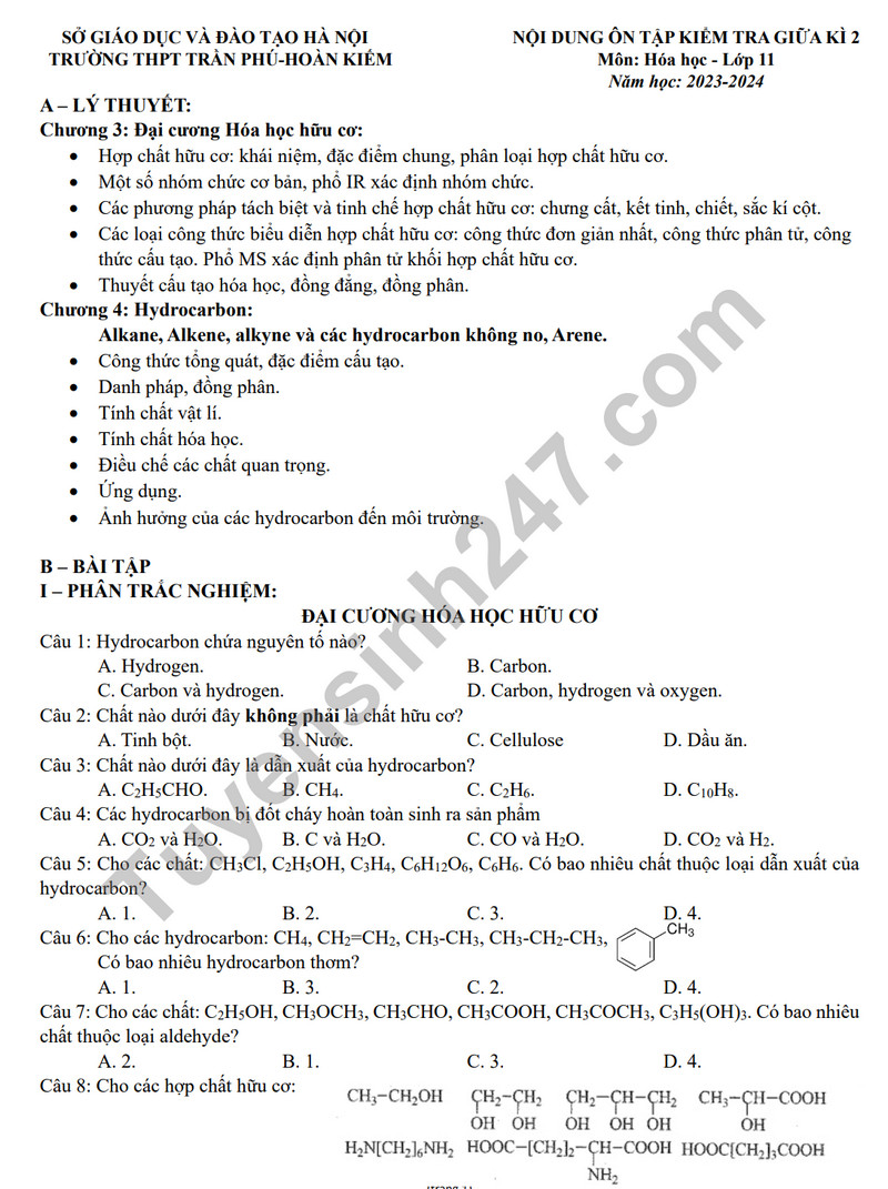 De cuong on tap giua ki 2 mon Hoa lop 11 - THPT Tran Phu 2024