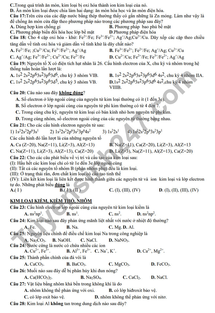 De cuong on tap giua ki 2 nam 2024 mon Hoa lop 12 - THPT Hoang Van Thu