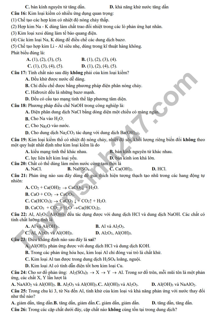 De cuong on tap giua ki 2 nam 2024 mon Hoa lop 12 - THPT Hoang Van Thu