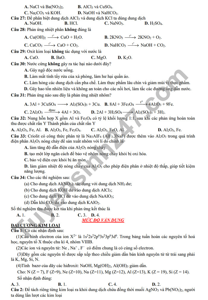 De cuong on tap giua ki 2 nam 2024 mon Hoa lop 12 - THPT Hoang Van Thu
