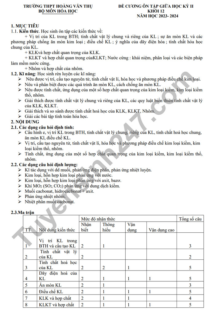 De cuong on tap giua ki 2 nam 2024 mon Hoa lop 12 - THPT Hoang Van Thu