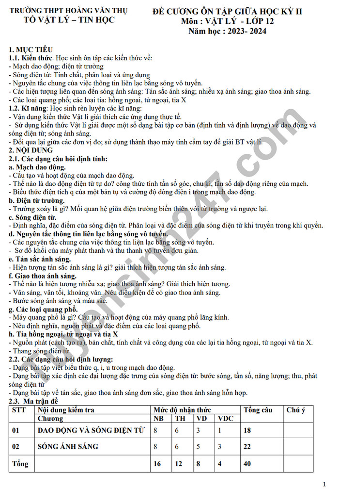 De cuong on tap giua ki 2 mon Li lop 12 - THPT Hoang Van Thu 2024