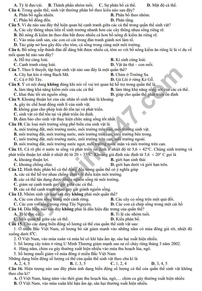 De cuong on tap giua ki 2 mon Sinh lop 12 - THPT Hoang Van Thu 2024