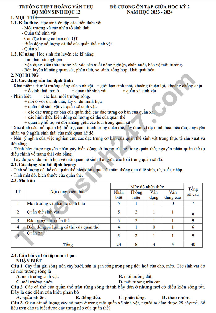 De cuong on tap giua ki 2 mon Sinh lop 12 - THPT Hoang Van Thu 2024