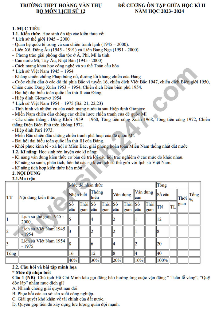 De cuong on tap giua ki 2 mon Su lop 12 nam 2024 - THPT Hoang Van Thu