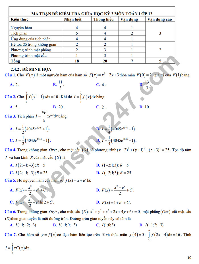 De cuong on tap giua ki 2 nam 2024 mon Toan lop 12 - THPT Hoang Van Thu