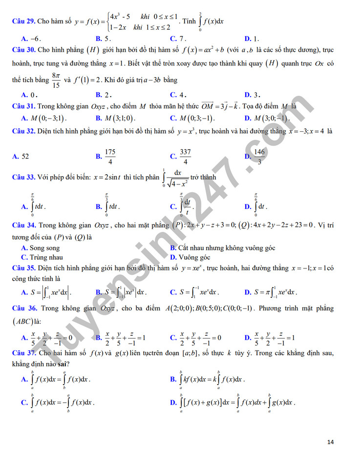 De cuong on tap giua ki 2 nam 2024 mon Toan lop 12 - THPT Hoang Van Thu