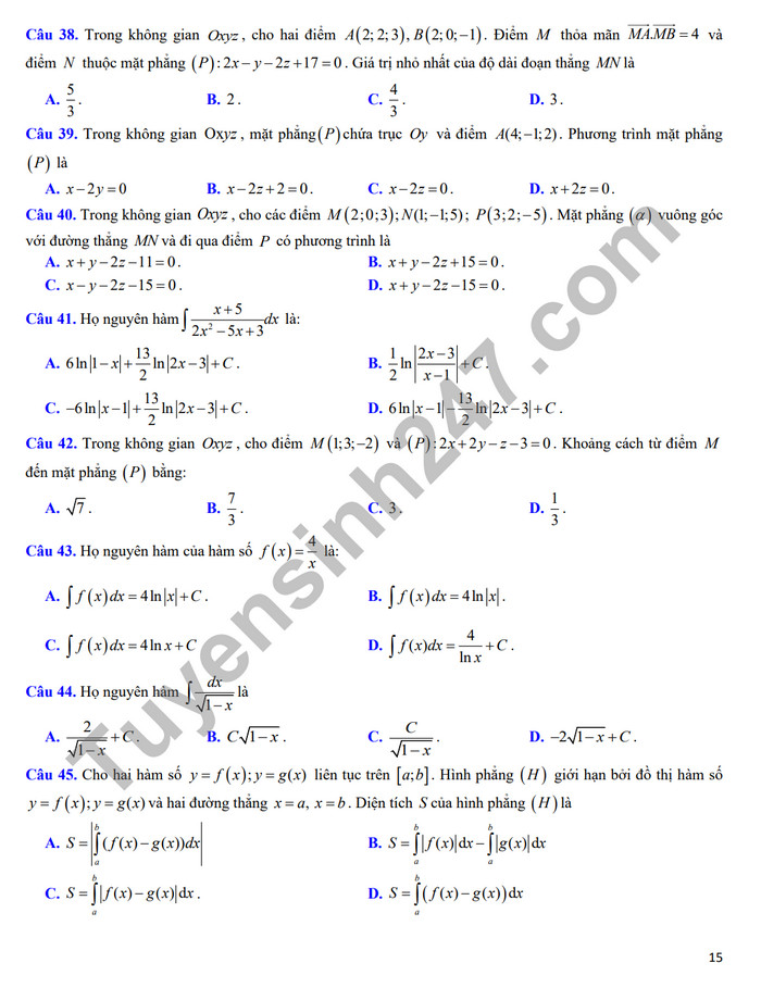 De cuong on tap giua ki 2 nam 2024 mon Toan lop 12 - THPT Hoang Van Thu