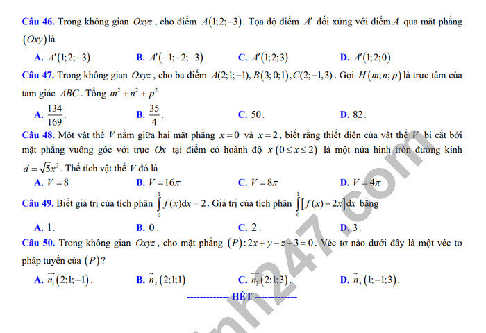 De cuong on tap giua ki 2 nam 2024 mon Toan lop 12 - THPT Hoang Van Thu