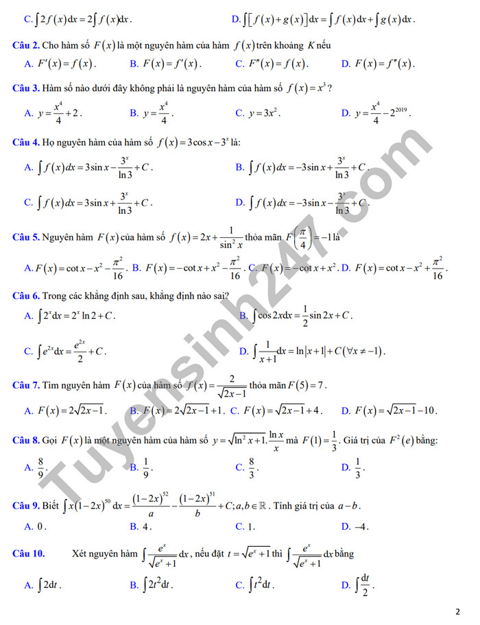 De cuong on tap giua ki 2 nam 2024 mon Toan lop 12 - THPT Hoang Van Thu