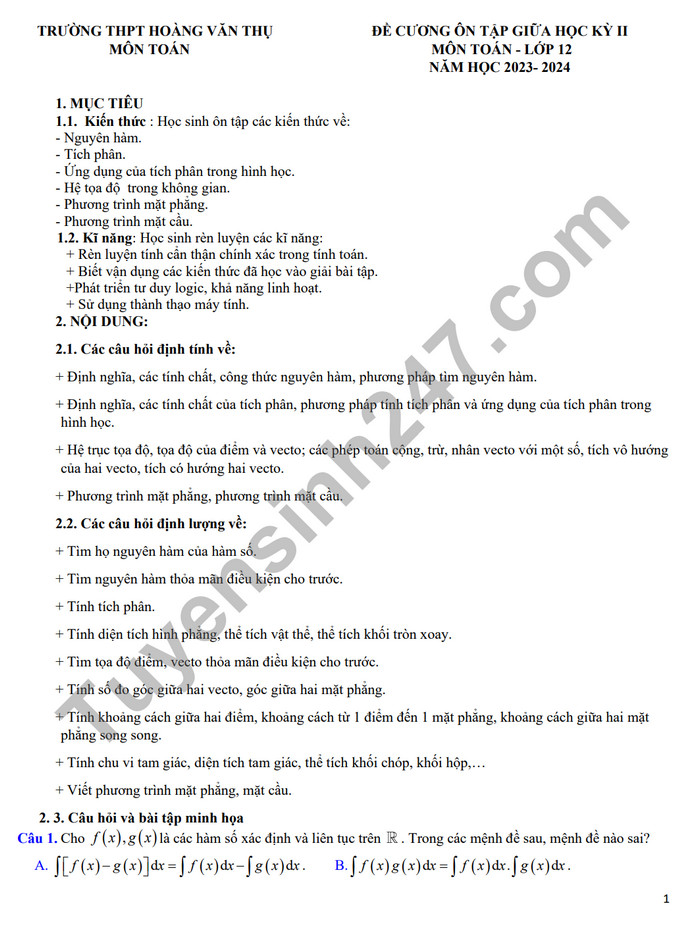 De cuong on tap giua ki 2 nam 2024 mon Toan lop 12 - THPT Hoang Van Thu