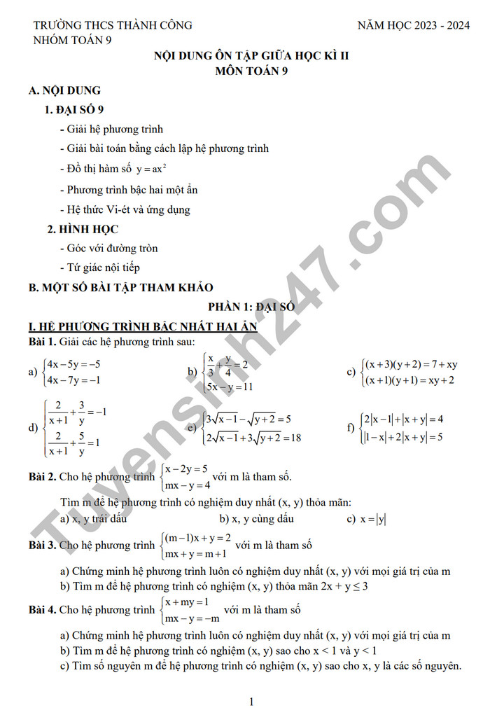 De cuong on tap giua ki 2 mon Toan lop 9 - THCS Thanh Cong 2024