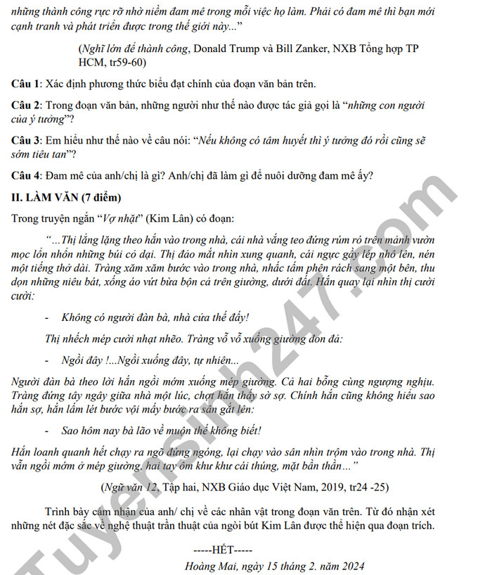 De cuong on tap giua ki 2 mon Van lop 12 nam 2024 - THPT Hoang Van Thu
