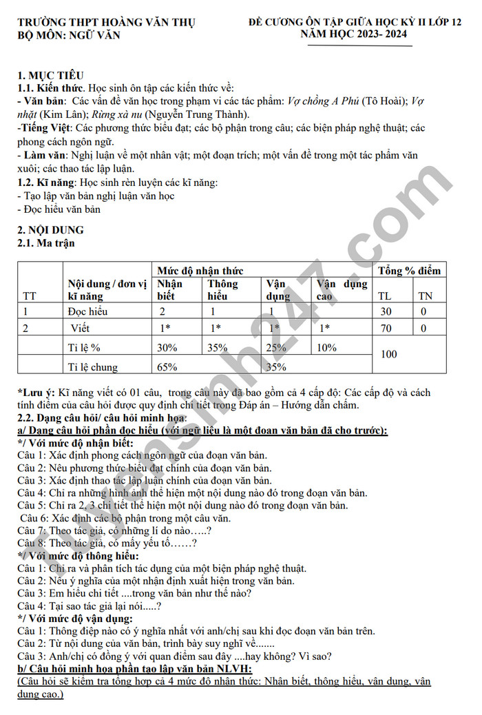 De cuong on tap giua ki 2 mon Van lop 12 nam 2024 - THPT Hoang Van Thu