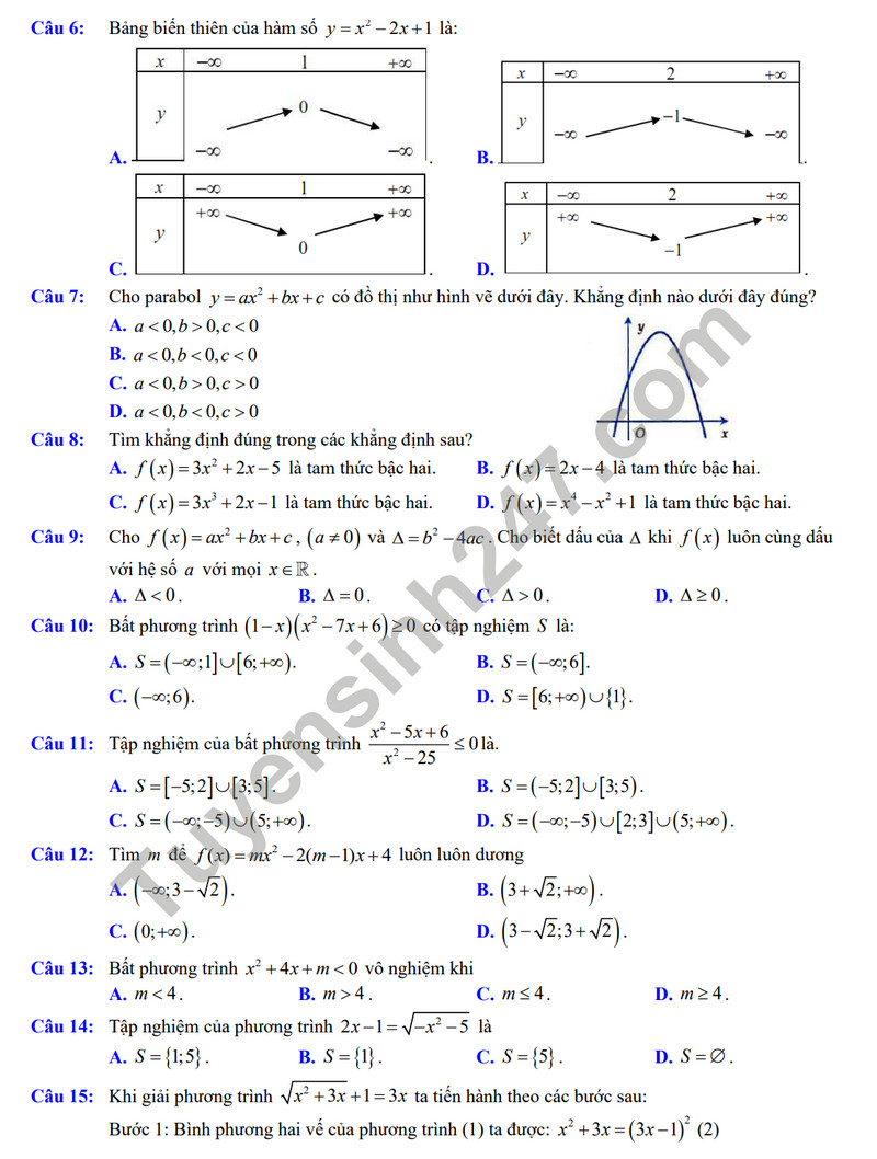 De cuong on tap giua ki 2 mon Toan lop 10 - THPT Viet Duc 2024