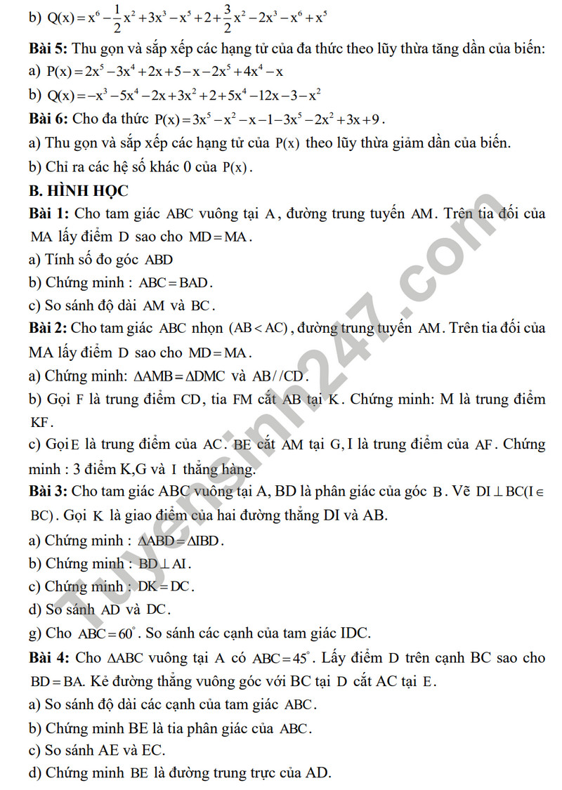 De cuong on tap giua ki 2 nam 2024 mon Toan lop 7 - THCS Phu Dien A