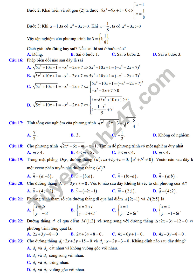 De cuong on tap giua ki 2 mon Toan lop 10 - THPT Viet Duc 2024