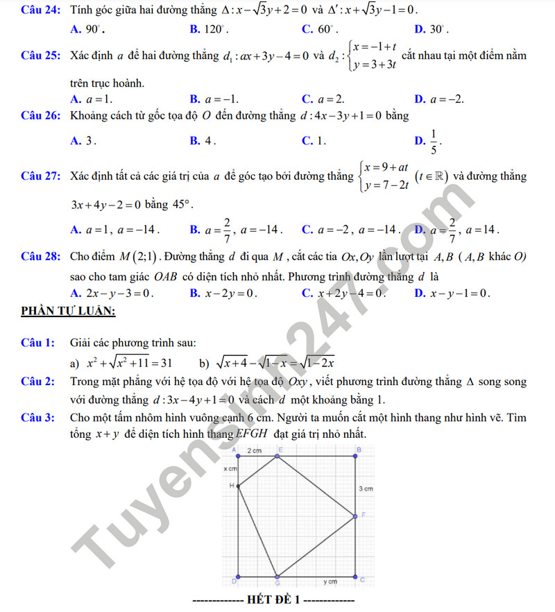 De cuong on tap giua ki 2 mon Toan lop 10 - THPT Viet Duc 2024