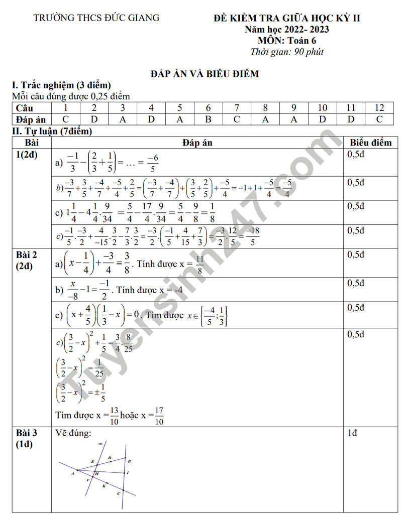 De thi giua hoc ki 2 mon Toan lop 6 -THCS Duc Giang 2023