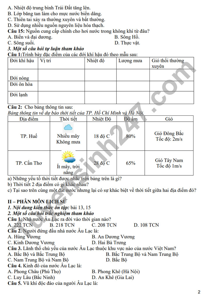 De cuong on tap giua ki 2 mon Su - Dia lop 6 - THCS Thanh Cong 2024